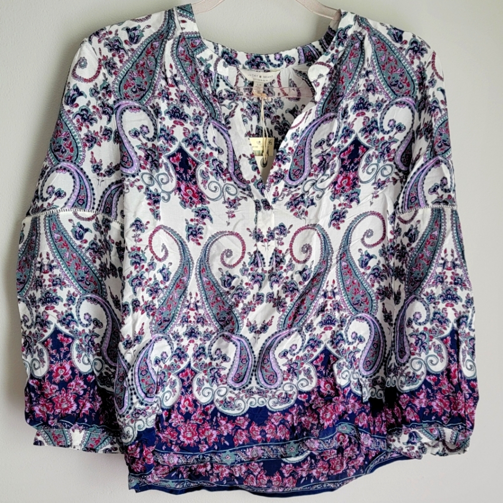 Lucky Brand NWT White Floral and Paisley Print Viscose Blouse Size Small